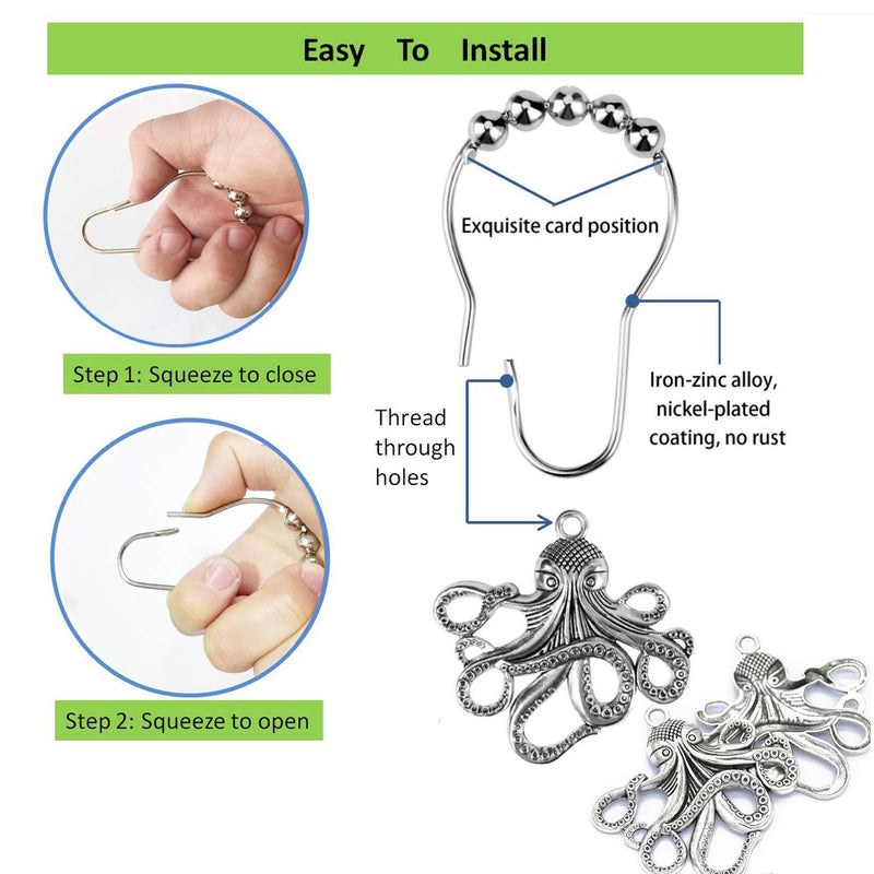 Aimoye Octopus Shower Curtain Hooks Rings - Silver Metal Shower Hooks for Shower Curtain, Decorative Shower Hooks Shower Hanger, Ocean Bathroom Accessories Set, Tropical Sea Beach Theme Bathroom Decor - Image 3